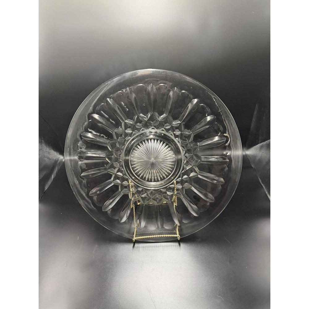 Vintage Clear Pressed Glass Serving Platter Chop Plate Starburst Pattern 18"